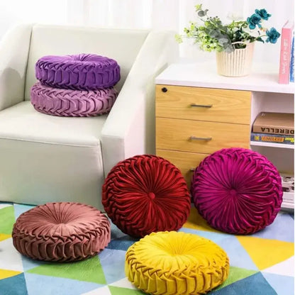 Yellow pleated velvet round throw pillow living room decor