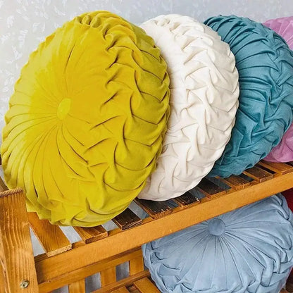 Yellow pleated velvet round throw pillow living room decor