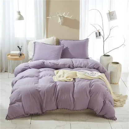 Yellow quilted furball tasseles bedding set bedroom pom pom duvet cover