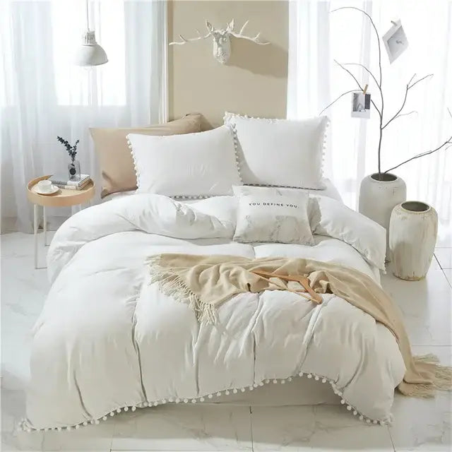 Yellow quilted furball tasseles bedding set bedroom pom pom duvet cover