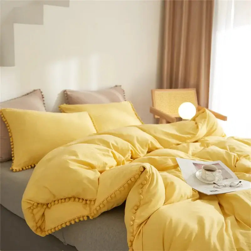 Yellow quilted furball tasseles bedding set bedroom pom pom duvet cover