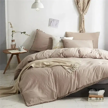 Yellow quilted furball tasseles bedding set bedroom pom pom duvet cover