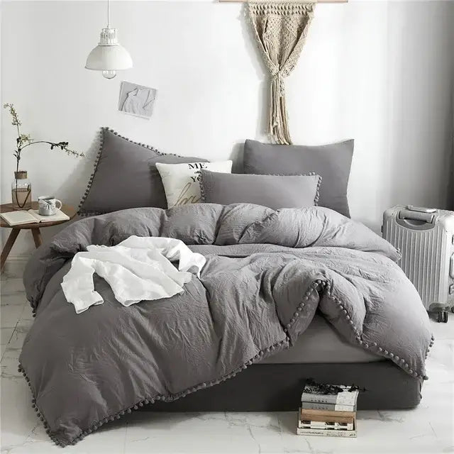 Yellow quilted furball tasseles bedding set bedroom pom pom duvet cover