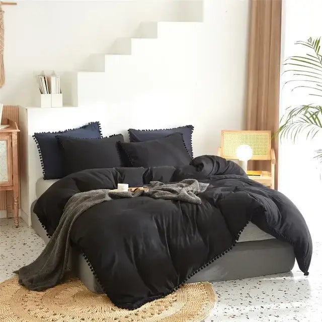 Yellow quilted furball tasseles bedding set bedroom pom pom duvet cover