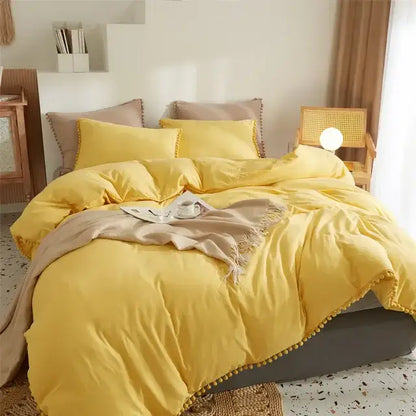 Yellow quilted furball tasseles bedding set bedroom pom pom duvet cover