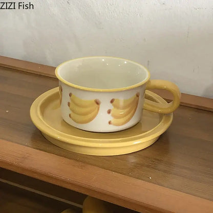Yellow & red fruits pattern porcelain coffee mug set dining room