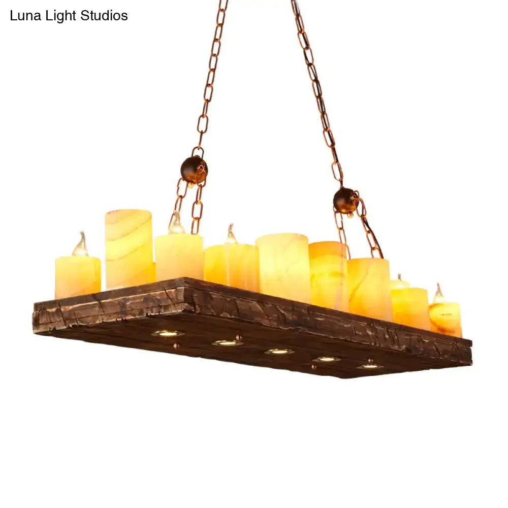 Rustic yellow wood candlestick island light fixture dining room