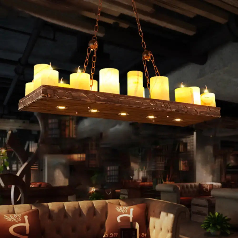 Rustic yellow wood candlestick island light fixture dining room