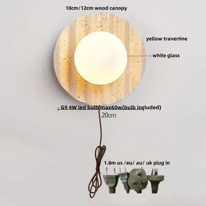 Yellow travertine circular led wall lights bedroom sconce set