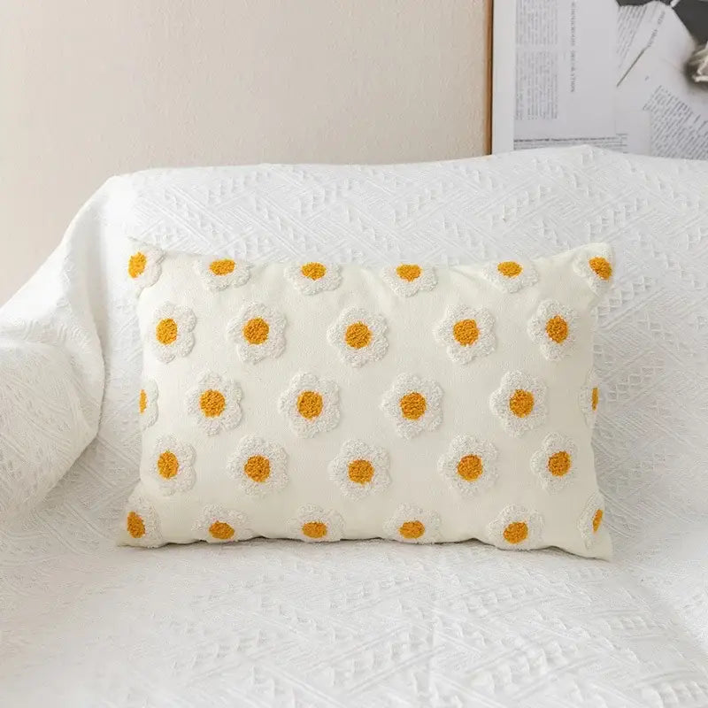 Yellow & white embroidered flora cotton pillow cover bedroom sham
