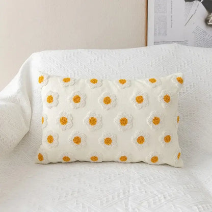 Yellow & white embroidered flora cotton pillow cover bedroom sham