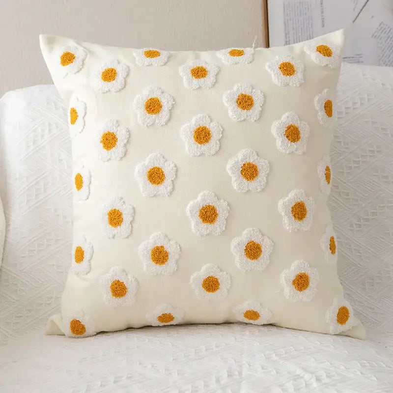Yellow & white embroidered flora cotton pillow cover bedroom sham