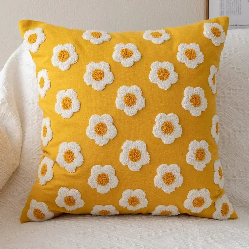 Yellow & white embroidered flora cotton pillow cover bedroom sham