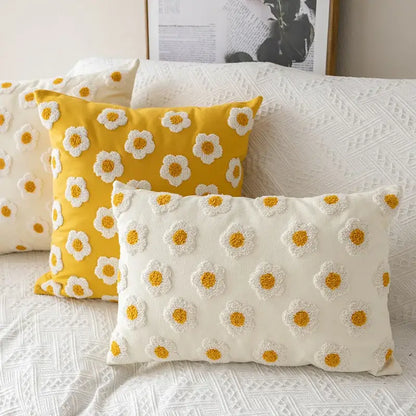 Yellow & white embroidered flora cotton pillow cover bedroom sham