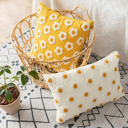 Yellow & white embroidered flora cotton pillow cover bedroom sham