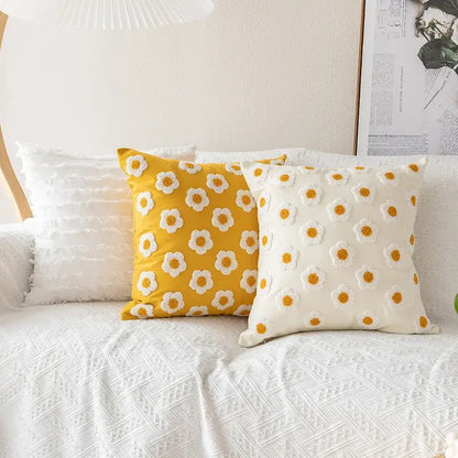 Yellow & white embroidered flora cotton pillow cover bedroom sham