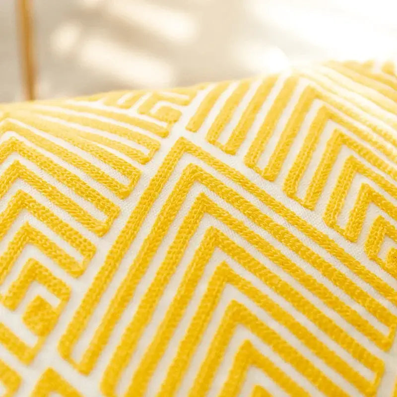 Yellow & white geometric embroidery canvas cushion cover living room
