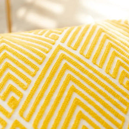 Yellow & white geometric embroidery canvas cushion cover living room