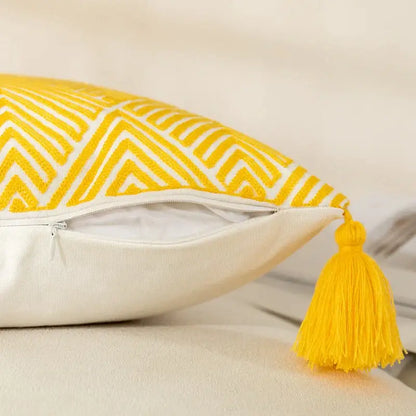 Yellow & white geometric embroidery canvas cushion cover living room
