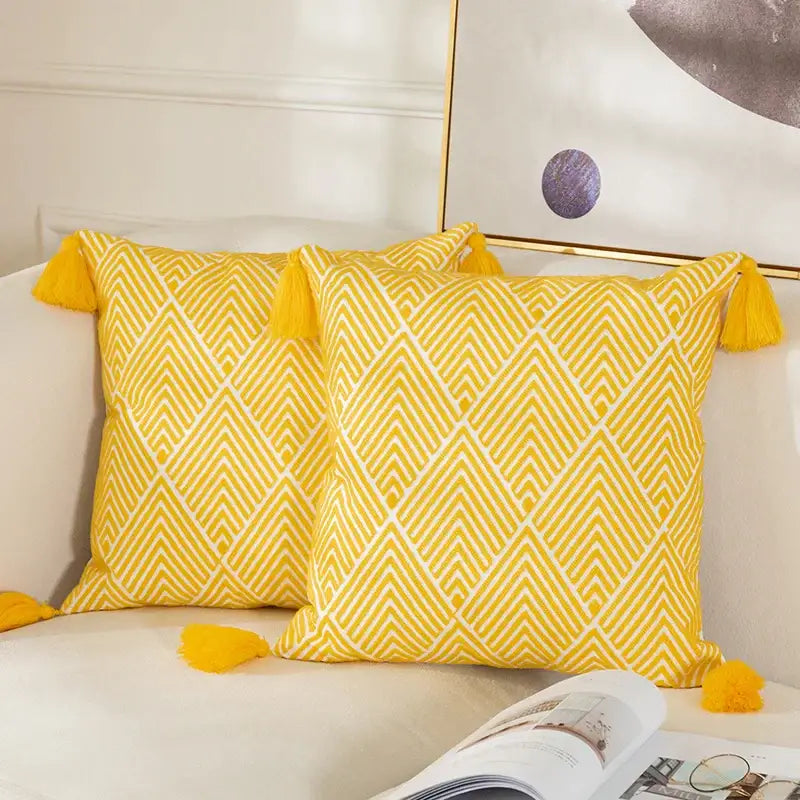 Yellow & white geometric embroidery canvas cushion cover living room