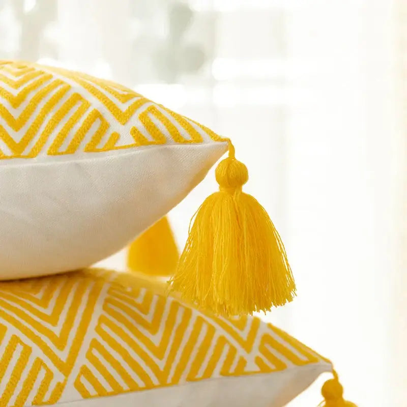 Yellow & white geometric embroidery canvas cushion cover living room