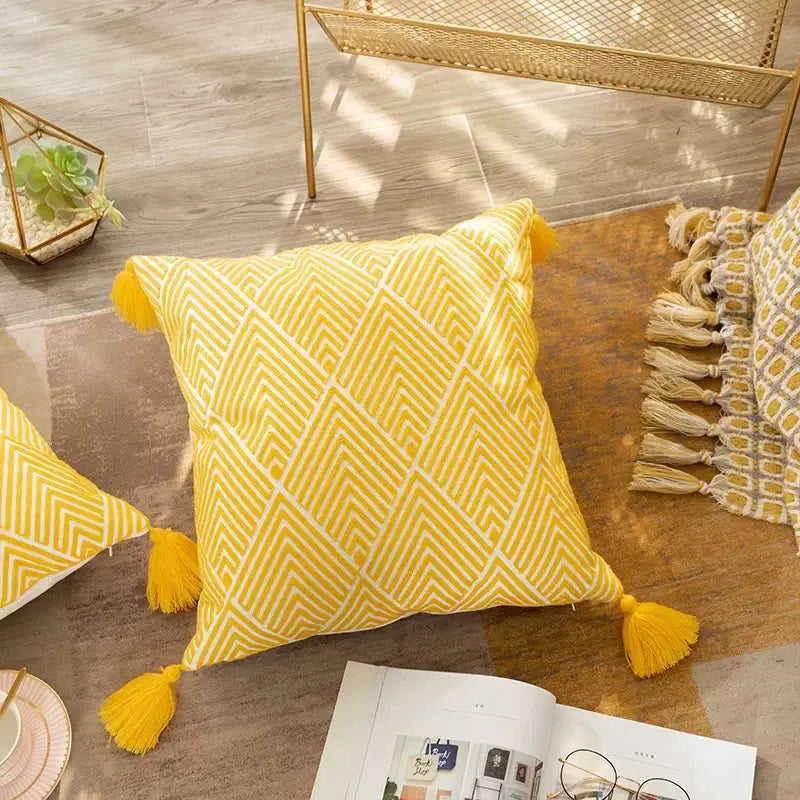 Yellow & white geometric embroidery canvas cushion cover living room