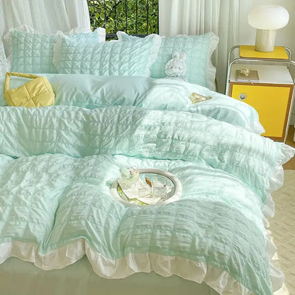 Yellow & white ruffled bubble gauze duvet cover set – bedroom bedding