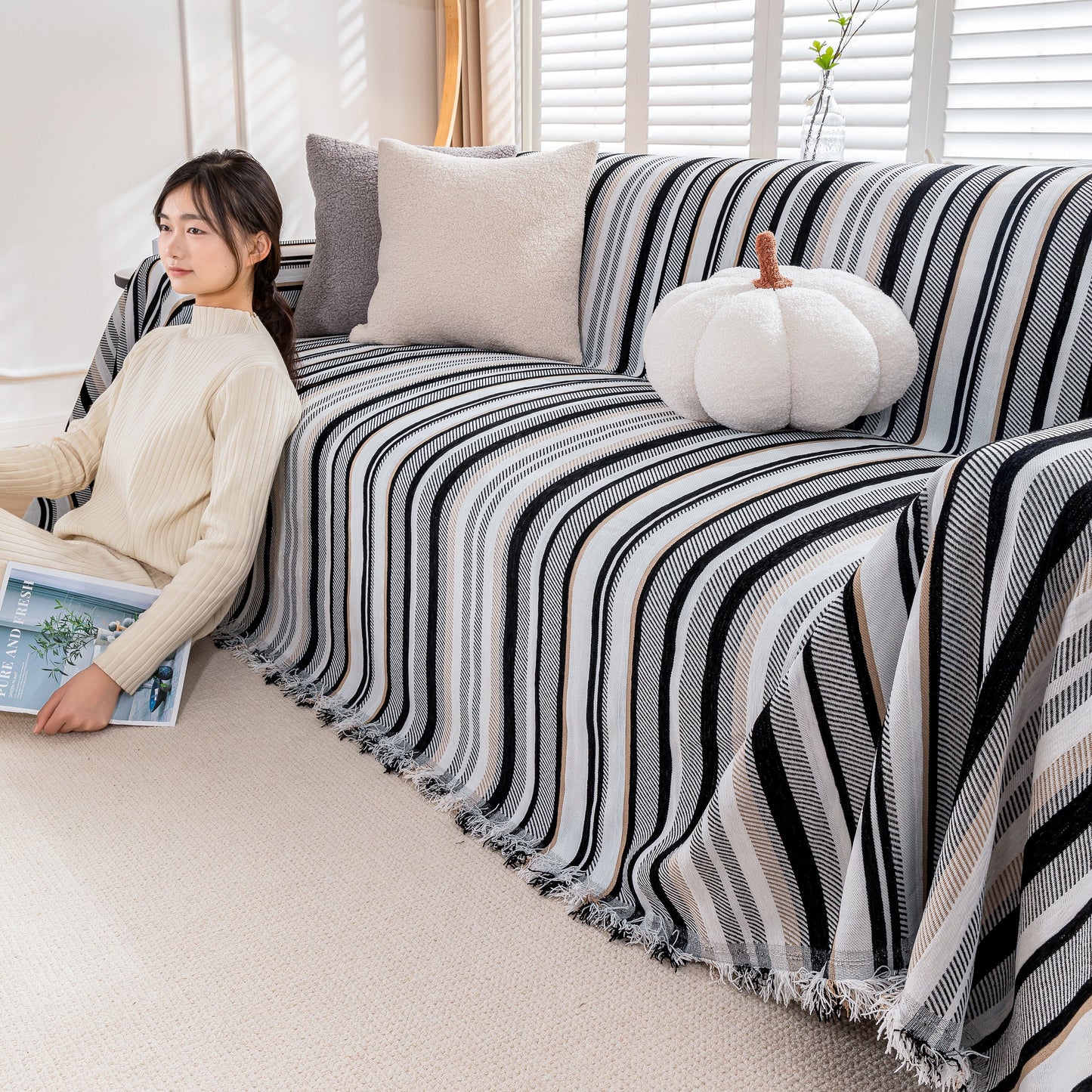 Modern Minimalist Sofa Throw Cover Cotton Knit Throws for Couch Scratch Proof Couch Cover