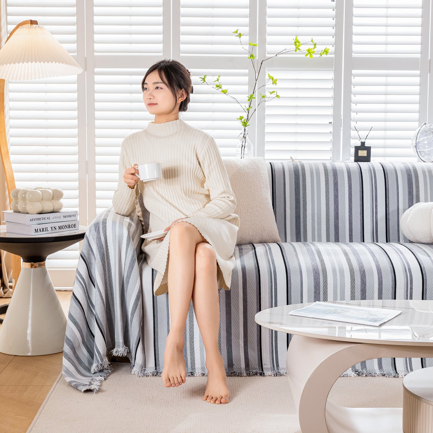 Modern Minimalist Sofa Throw Cover Cotton Knit Throws for Couch Scratch Proof Couch Cover