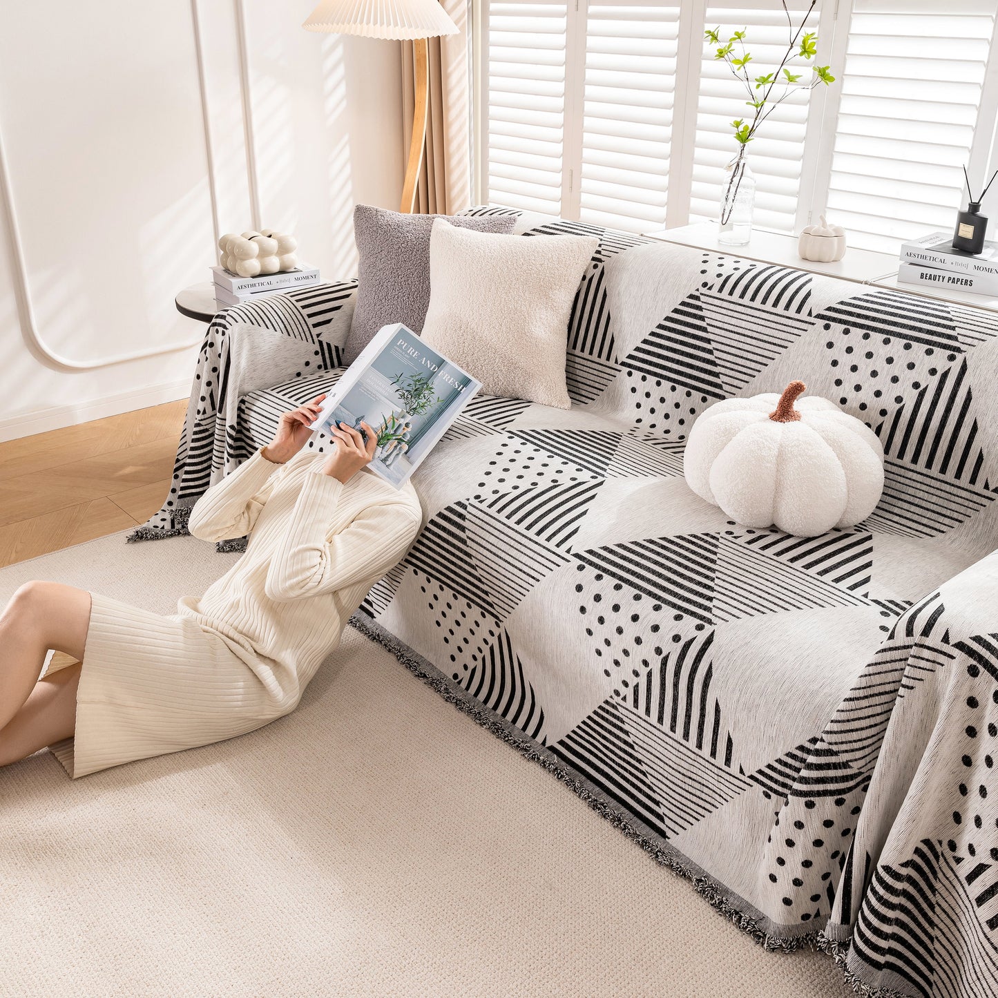 Chenille Geometric Patterned Sofa Throw, Couch Covers for Sectionals for Pets, Throw Cover for Couch