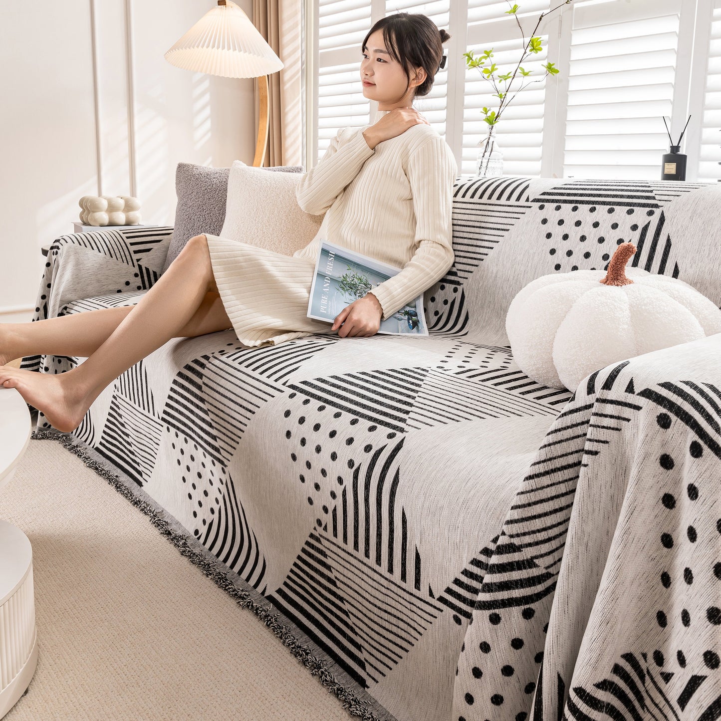 Chenille Geometric Patterned Sofa Throw, Couch Covers for Sectionals for Pets, Throw Cover for Couch