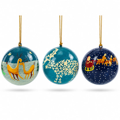 Set of 3 Night Sky Reindeer & Santa Sleigh Wooden Christmas Ball Ornaments