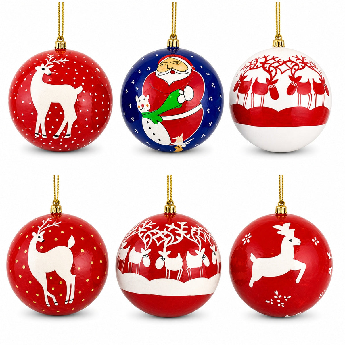 Set of 6 Santa and Reindeer Wooden Christmas Ball Ornaments