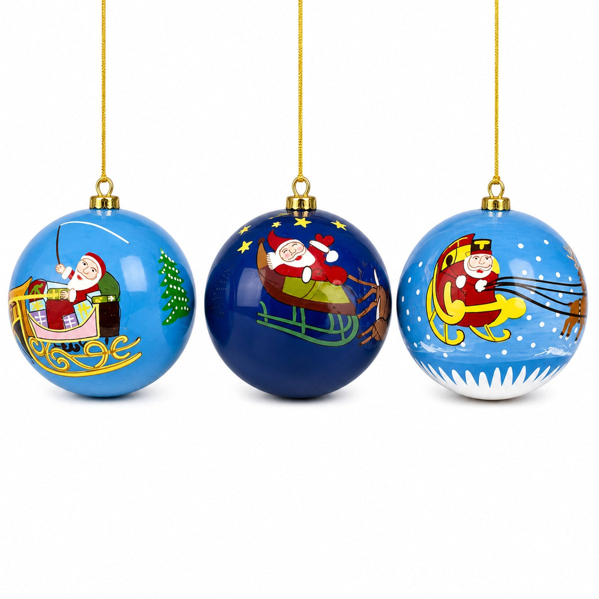 Set of 3 Santa Sleigh Reindeer Wooden Christmas Ball Ornaments