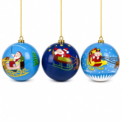 Set of 3 Santa Sleigh Reindeer Wooden Christmas Ball Ornaments