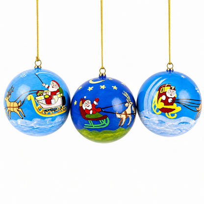 Set of 3 Santa Sleigh and Reindeer Wooden Christmas Ball Ornaments