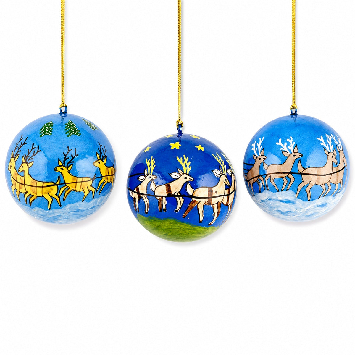 Set of 3 Santa Sleigh and Reindeer Wooden Christmas Ball Ornaments