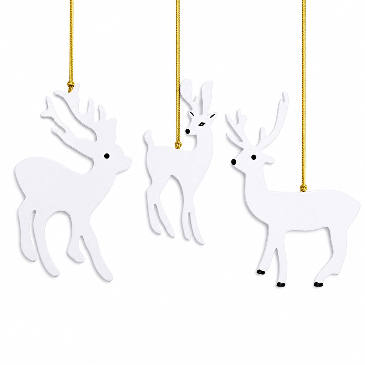 Set of 3 White Deer Wooden Christmas Ornaments 7 Inches