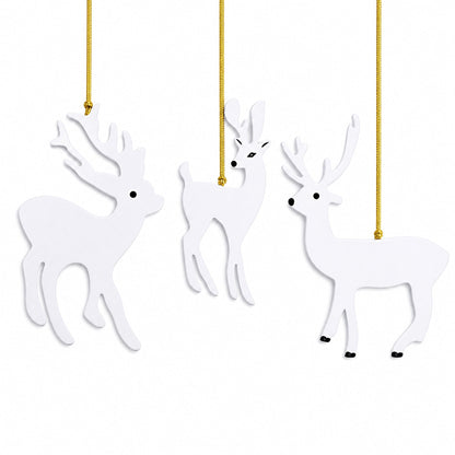 Set of 3 White Deer Wooden Christmas Ornaments 7 Inches