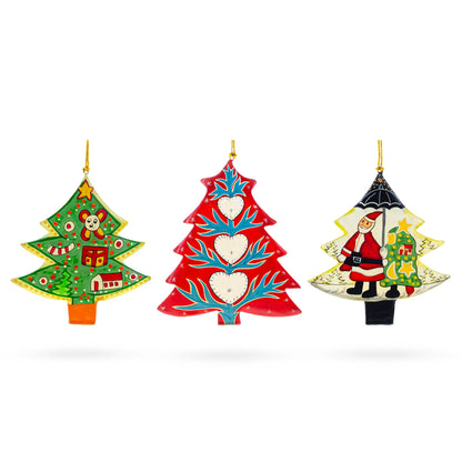 Set of 3 Colorful Holiday Trees with Santa and Hearts Wooden Christmas Ornaments