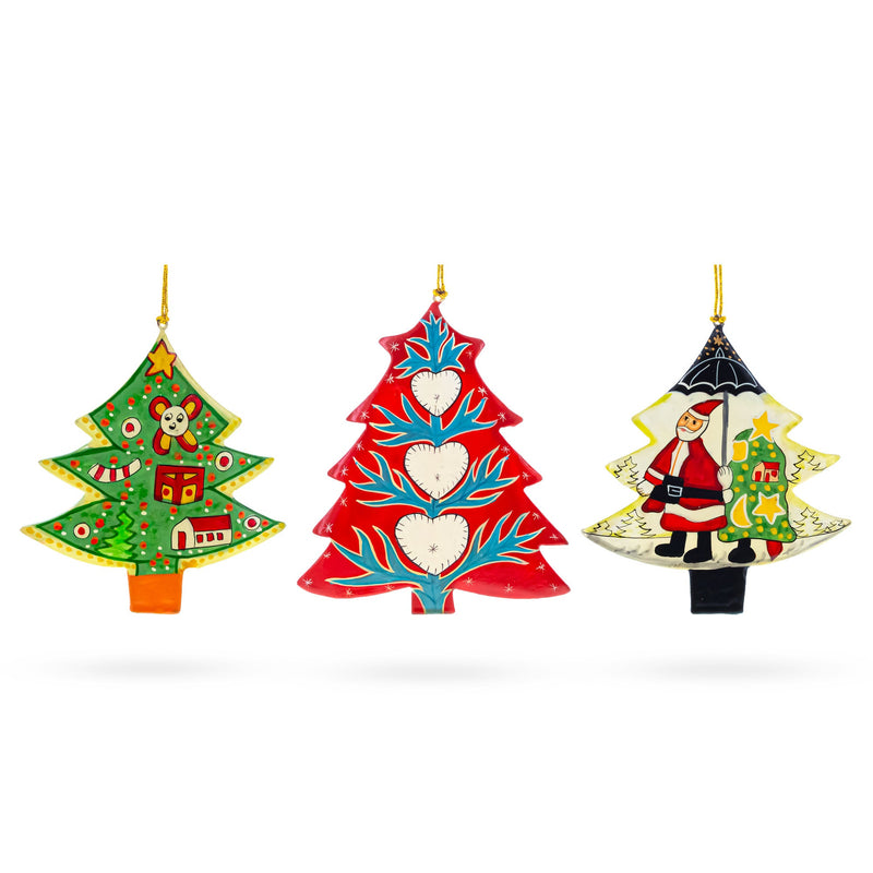 Set of 3 Colorful Holiday Trees with Santa and Hearts Wooden Christmas Ornaments