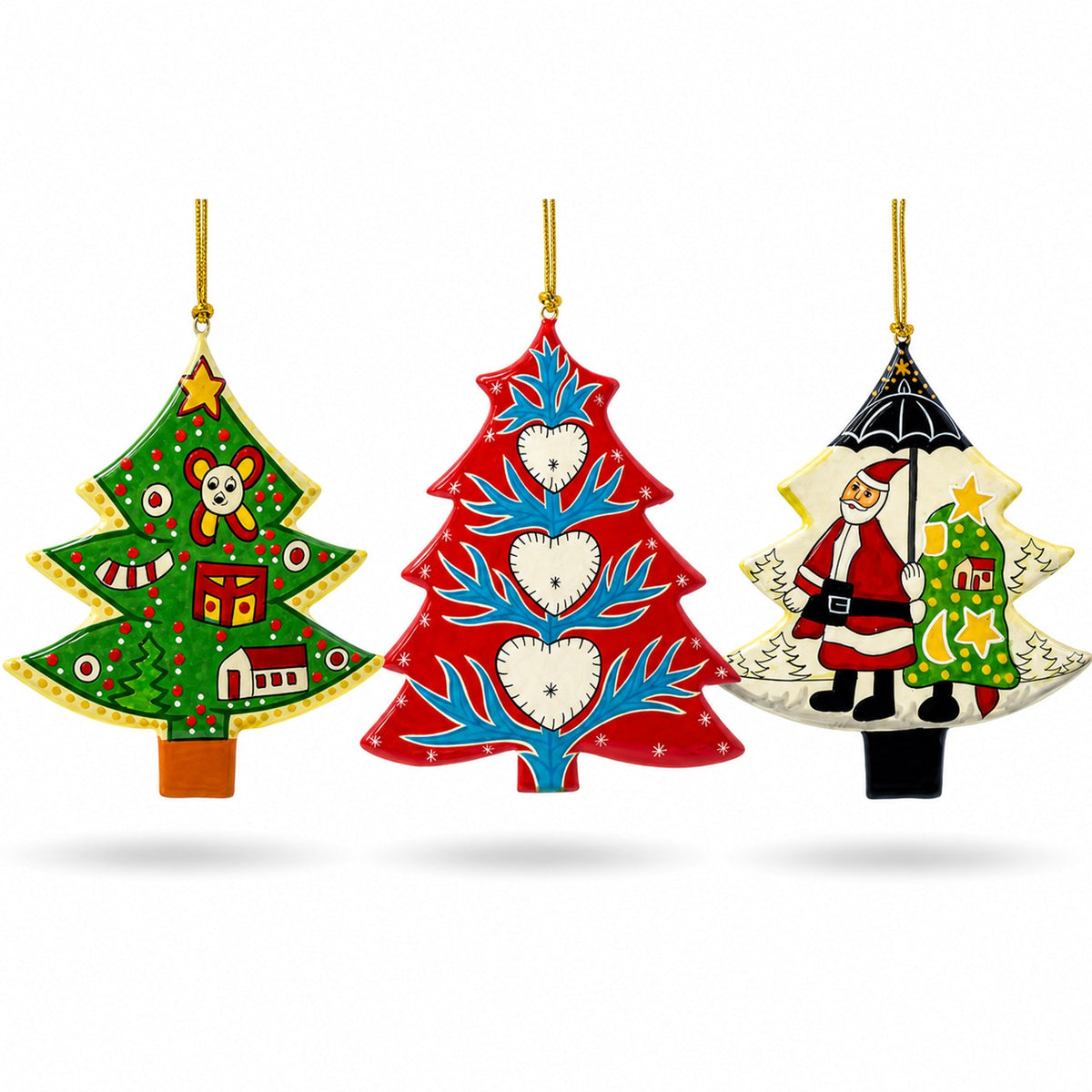 Set of 3 Colorful Holiday Trees with Santa and Hearts Wooden Christmas Ornaments
