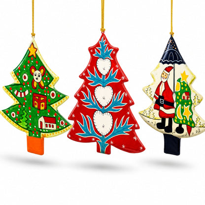 Set of 3 Colorful Holiday Trees with Santa and Hearts Wooden Christmas Ornaments