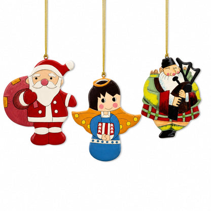 Scottish Bagpiper, Angel & Santa Wooden Christmas Ornaments
