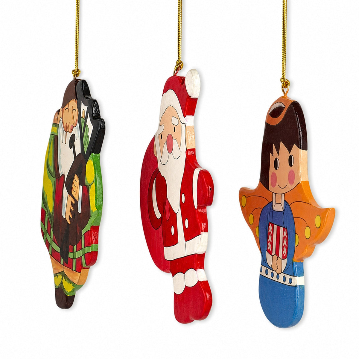 Scottish Bagpiper, Angel & Santa Wooden Christmas Ornaments