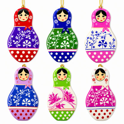 6 Matryoshka Dolls Wooden Christmas Ornaments