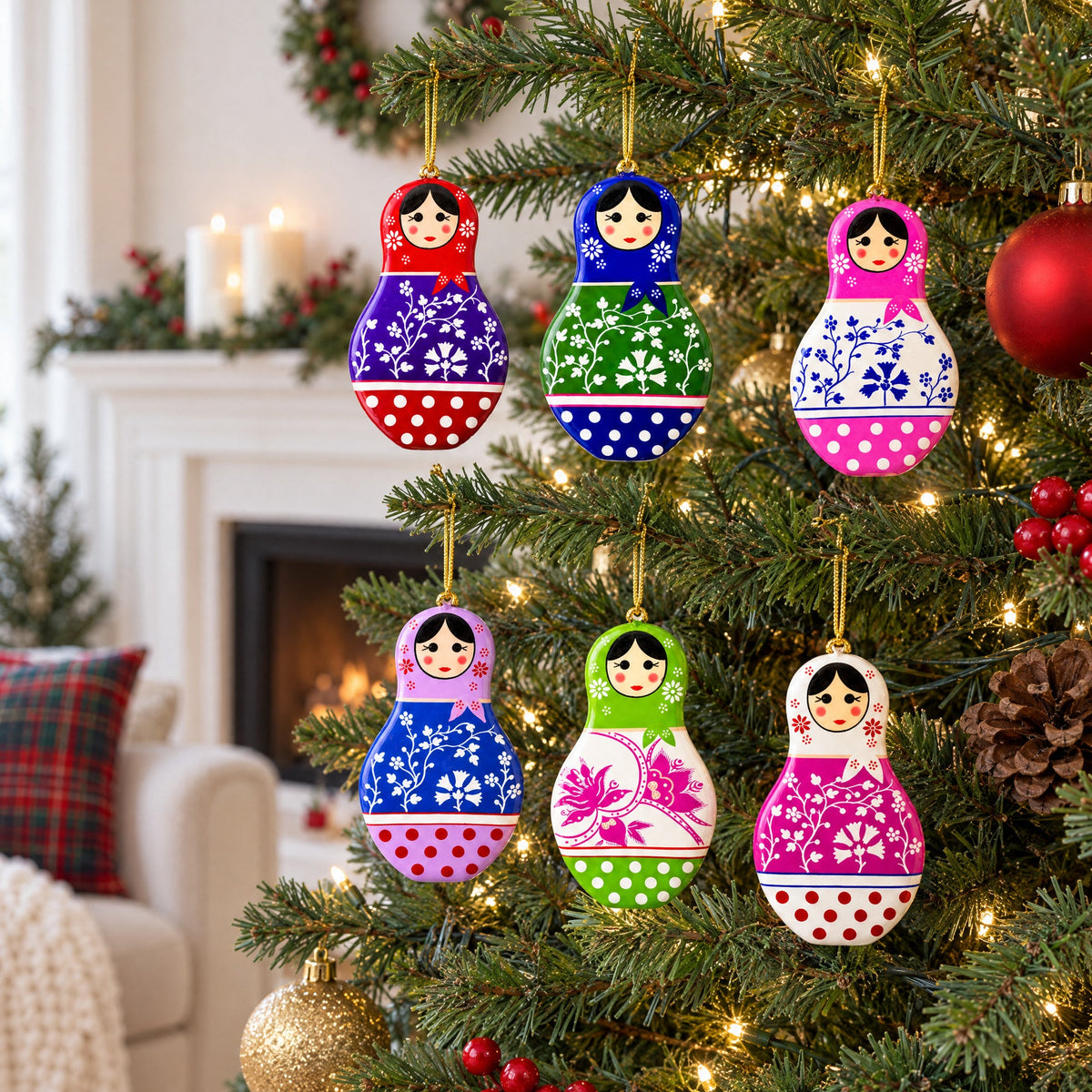 6 Matryoshka Dolls Wooden Christmas Ornaments