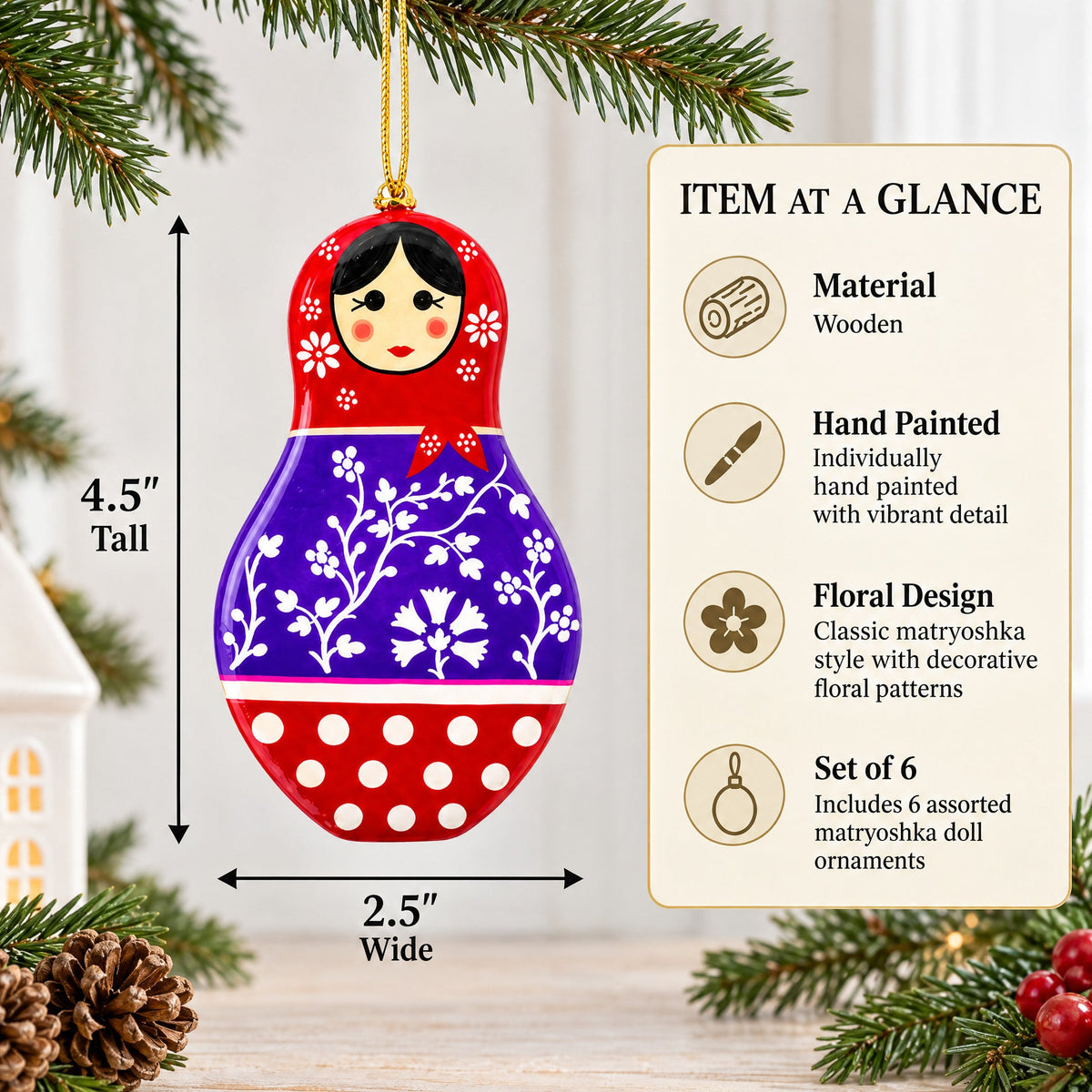 6 Matryoshka Dolls Wooden Christmas Ornaments