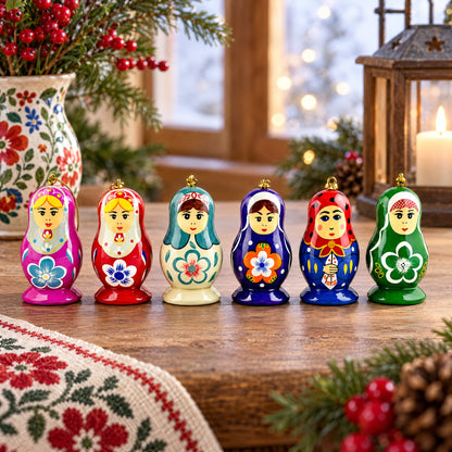 6 Wooden Dolls Christmas Ornaments