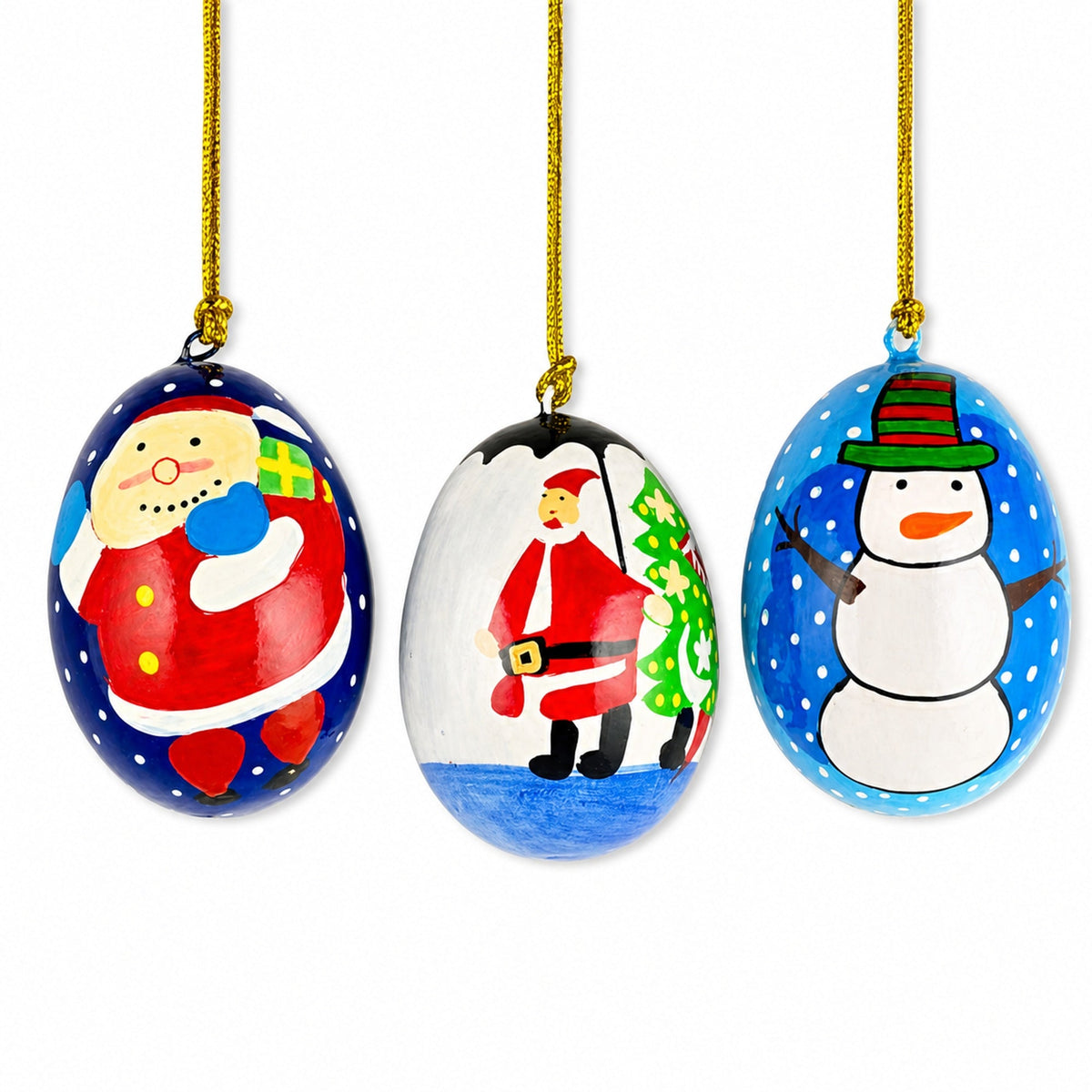 3 Wooden Egg Christmas Ornaments Santa, Christmas Tree and Snowman
